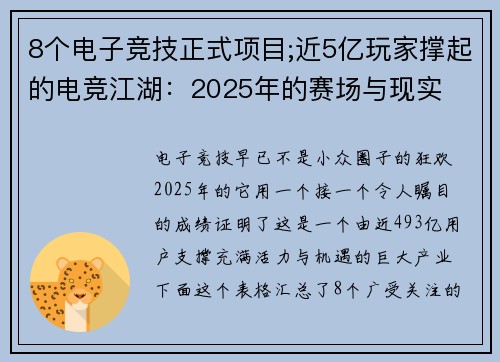 8个电子竞技正式项目;近5亿玩家撑起的电竞江湖：2025年的赛场与现实