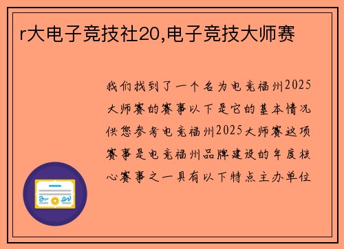 r大电子竞技社20,电子竞技大师赛